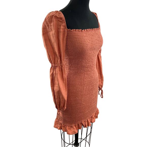 Reformation Hilary Coral Mini Smocked Dress Linen Square Double Puff Sleeves L - Picture 3 of 10